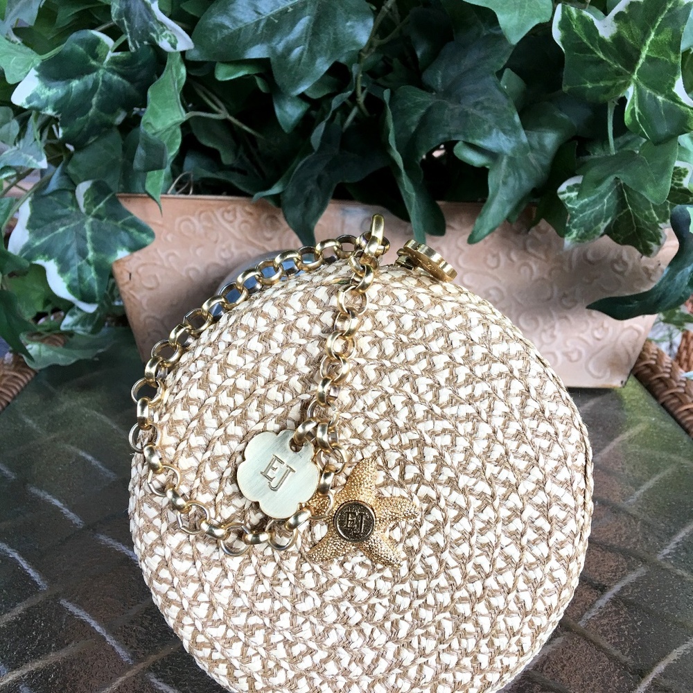 ERIC JAVETS ROUND IVORY & TAN WOVEN STRAW WRISTLET